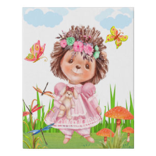 Girl Hedgehog In A Garden Faux Wrapped Canvas