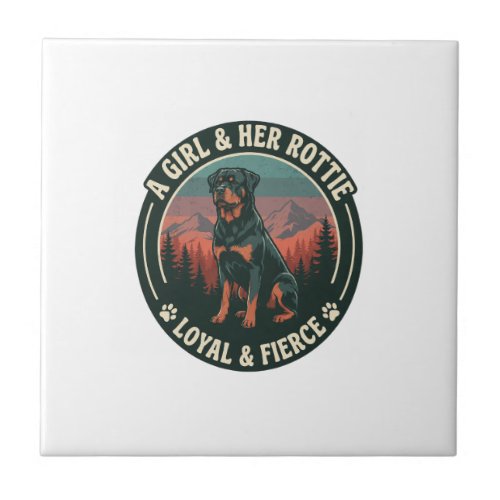 Girl Her Rottie Loyal Fierce Rottweiler Dog Mounta Ceramic Tile