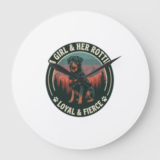 Girl Her Rottie Loyal Fierce Rottweiler Dog Mounta Large Clock