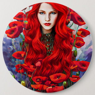 Girl Hiding In Poppy Flowers Field fantasy art  Button