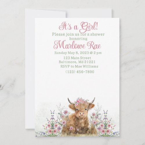 Girl Highland cow baby shower invitation 