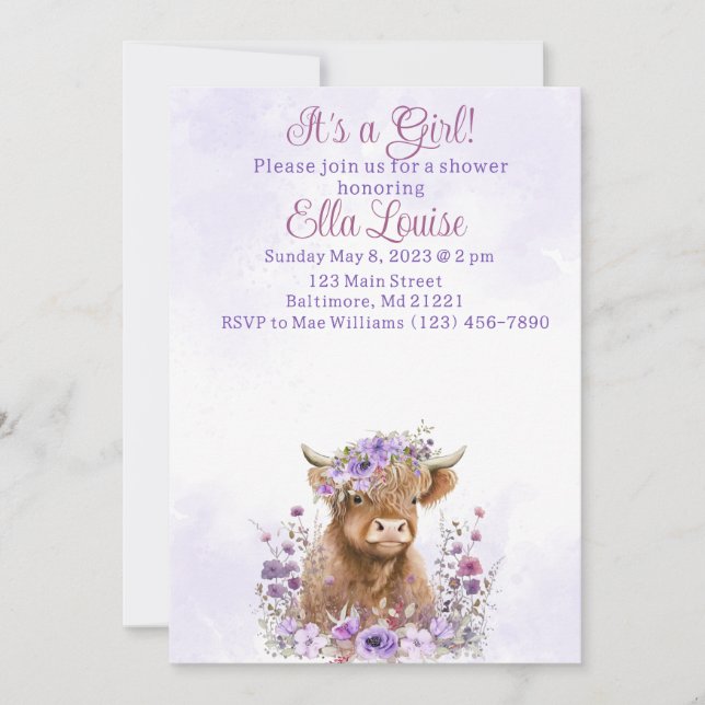 Girl Highland cow baby shower invitation  (Front)