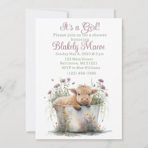 Girl Highland cow baby shower invitation 