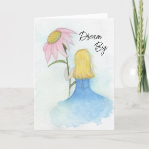 Girl holding a giant pink flower "Dream Big" Letterpress Thank You Card