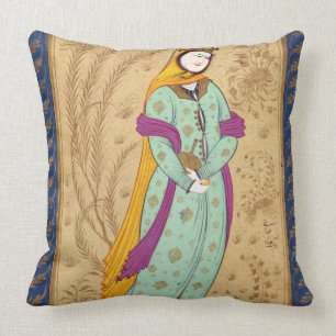 Girl holding a wine vessel and a pear, from the La Throw Pillow