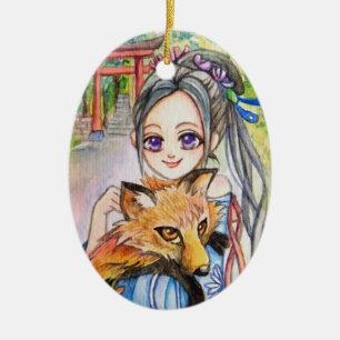 Girl Holding Fox Ceramic Ornament