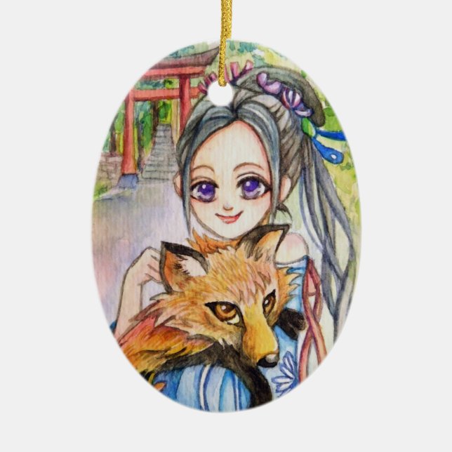 Girl Holding Fox Ceramic Ornament (Front)