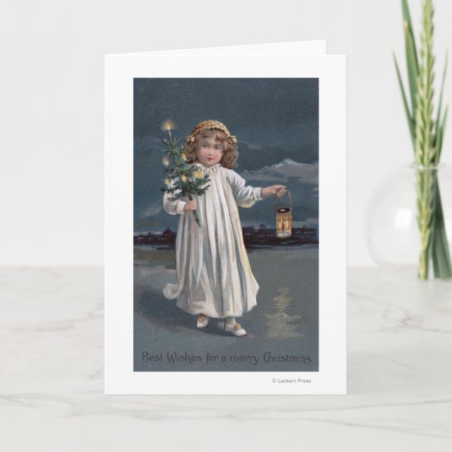 Girl Holding Tree and Lantern Holiday Card (Front)