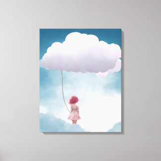 Girl holding white fluffy cloud balloon canvas print