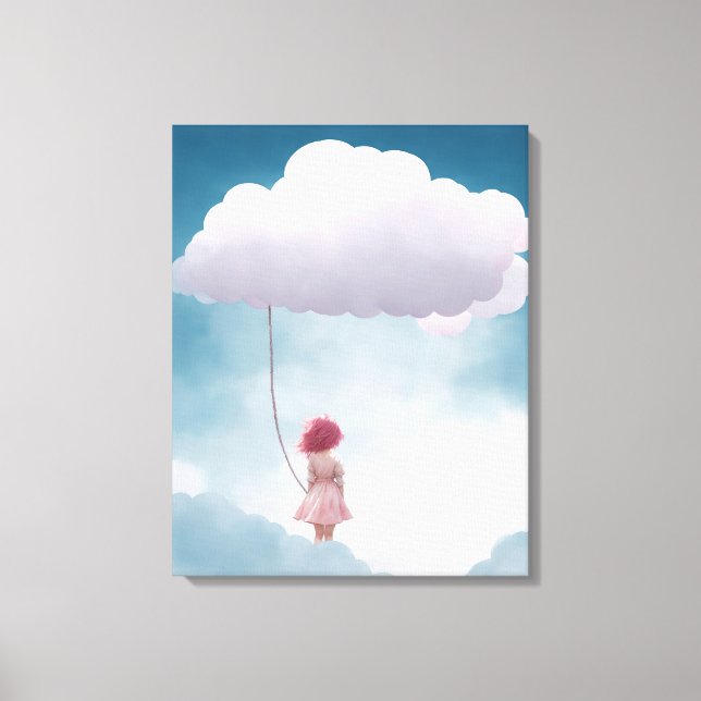 Girl holding white fluffy cloud balloon canvas print (Front)