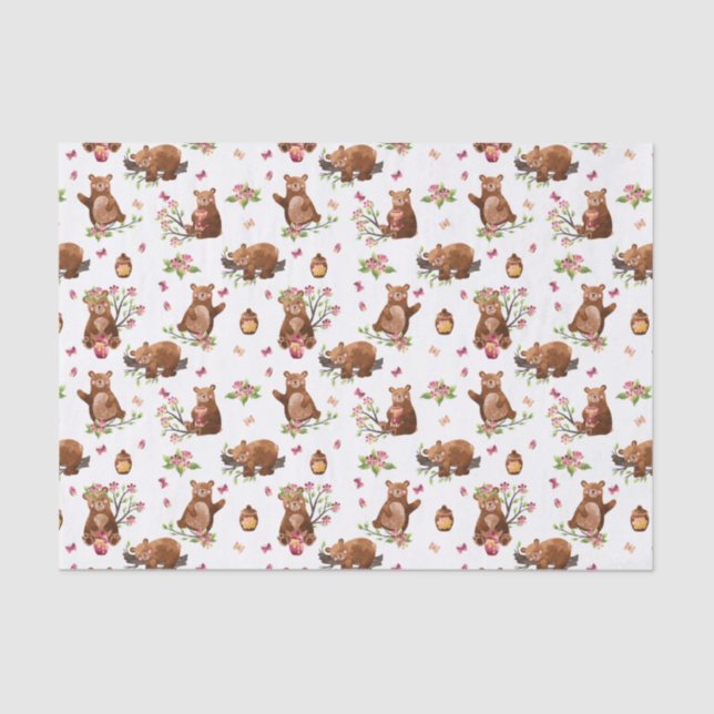 Girl Honey Bears Pattern - Pink Brown White Tissue Tissue Paper (Front)