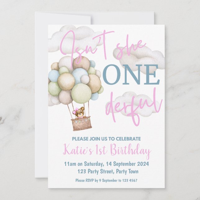 Girl Hot Air Balloon 1st Birthday Party Invitation (Front)