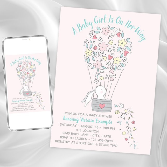 Girl Hot Air Balloon Bunny Baby Shower Invitations (Cute bunny baby shower invitation. Instant download and printed invitations available.)