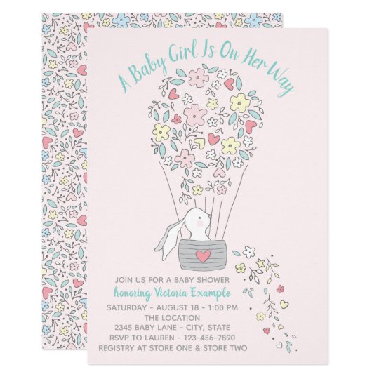 Girl Hot Air Balloon Bunny Baby Shower Invitations Zazzle Com