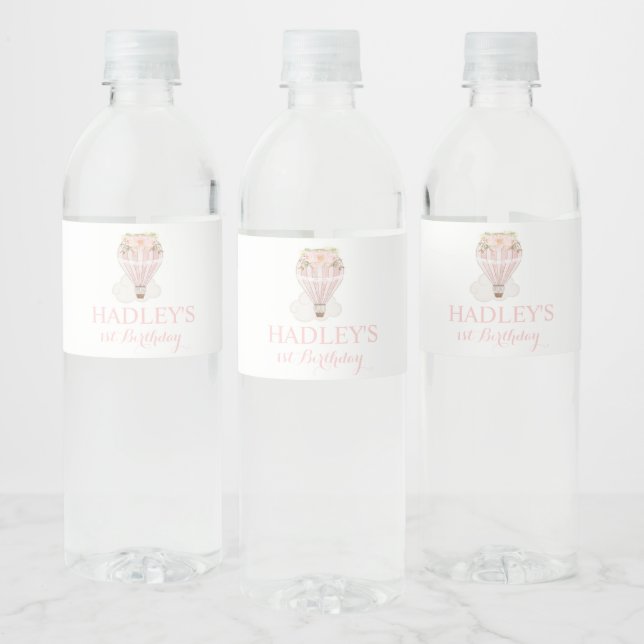Girl Hot Air Balloon Water Bottle Labels - Pink (Bottles)
