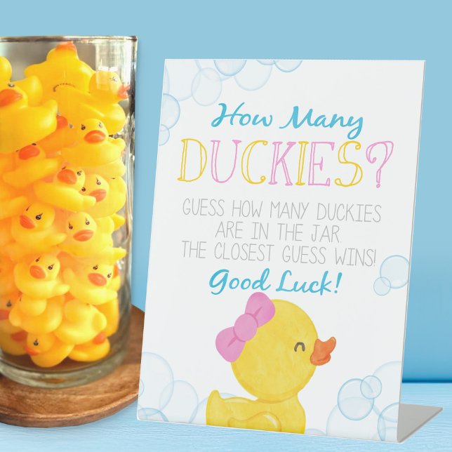 Girl How Many Duckies Game Pedestal Sign (Girl Watercolor Rubber Duck How Many Duckies Game Party Sign for Baby Shower or Birthday)