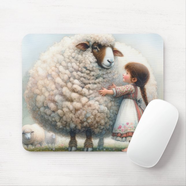 Girl Hugging a Big Ewe Mouse Pad (With Mouse)
