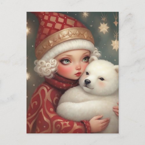 Girl Hugging a Polar Bear Cute Fantasy Art Holiday Postcard