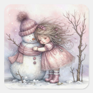 Girl Hugging a Snowman Square Sticker