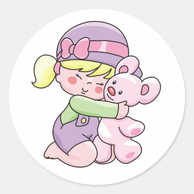 Girl Hugging Bear Tshirts and Gifts Classic Round Sticker (Front)