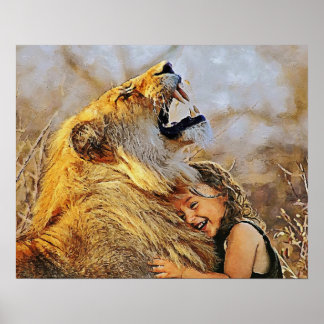 Girl hugging lion art wall for decorate. poster