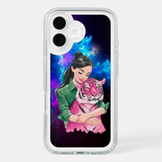 Girl Hugging Pink Tiger in Galaxy Space iPhone 16 Case