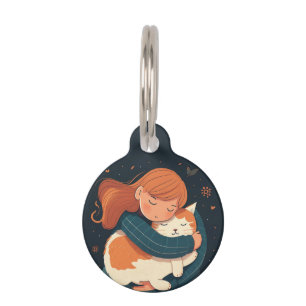Girl hugs cute cat cartoon. Kid and funny animal Pet ID Tag