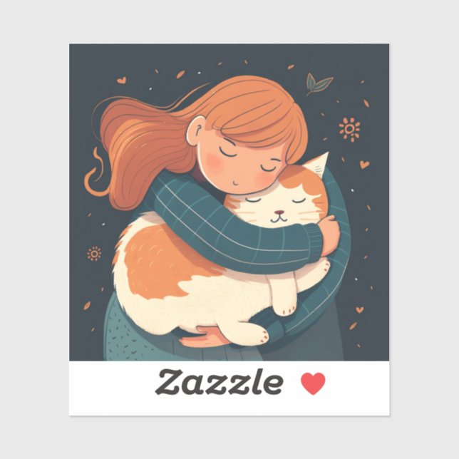 Girl hugs cute cat cartoon. Kid and funny animal  Sticker (Sheet)
