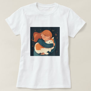 Girl hugs cute cat cartoon. Kid and funny animal T-Shirt