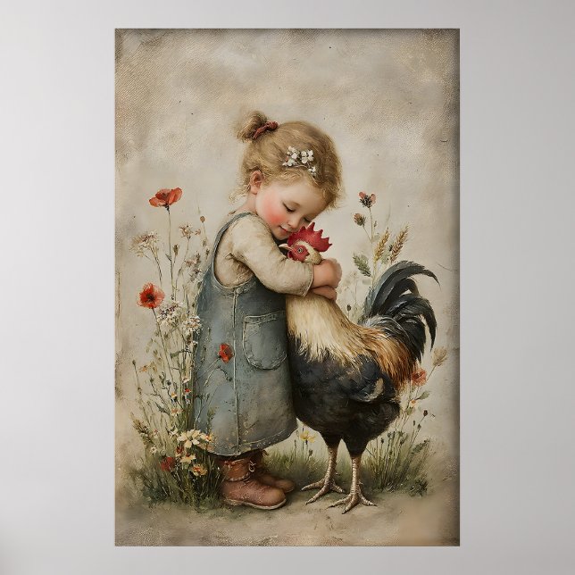 Girl Hugs Rooster Printable, Rustic Chicken Poster (Front)