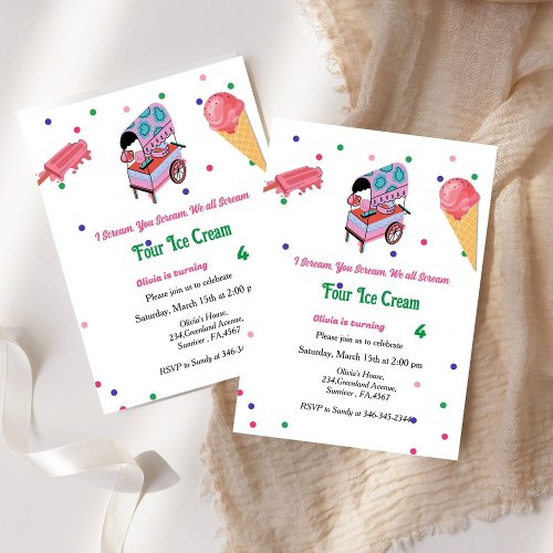 girl ice cream birthday I scream Four Birthday  Invitation