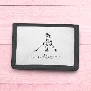 Girl Ice Hockey Player Custom Name Personalized Trifold Wallet