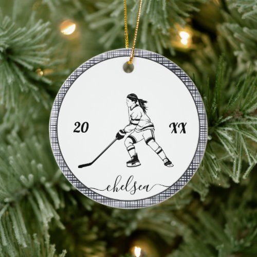 Girl Ice Hockey Player Dated Year Name Gray Sport Ceramic Ornament