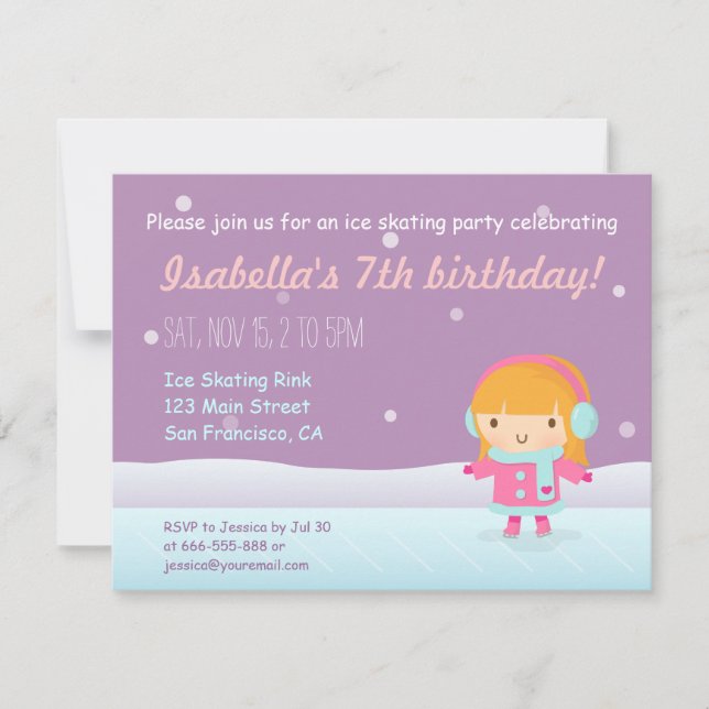 Girl Ice Skating Birthday Party Invitations (Front)