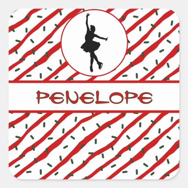 Girl Ice Skating Christmas Sprinkle Personalized Square Sticker (Front)