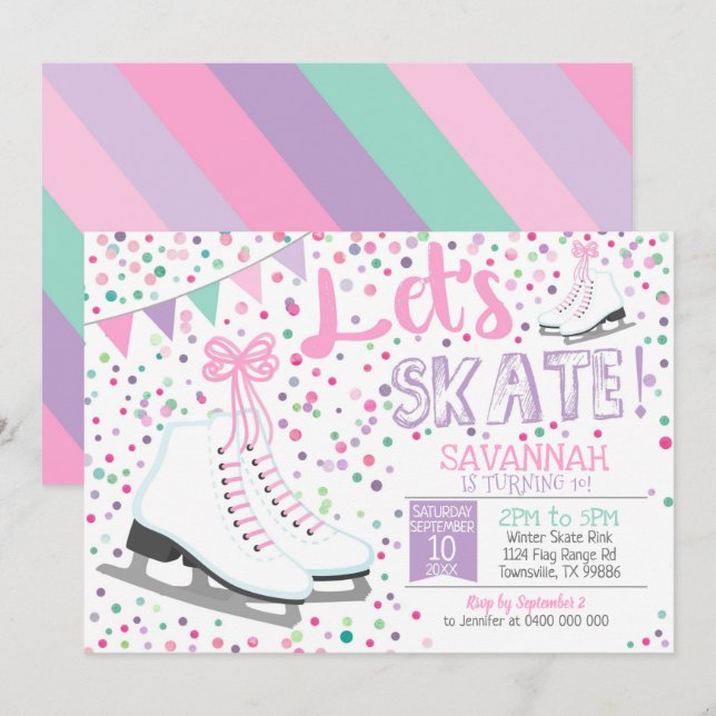 Girl Ice Skating Invitation Ice Skating Party Pink (Front/Back)