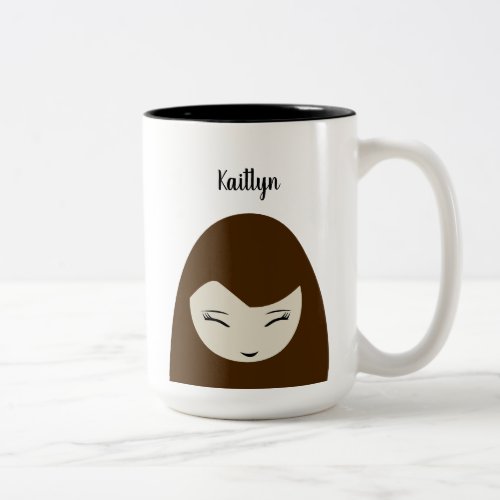 Girl Illustration brown long hair personalize Two_Tone Coffee Mug