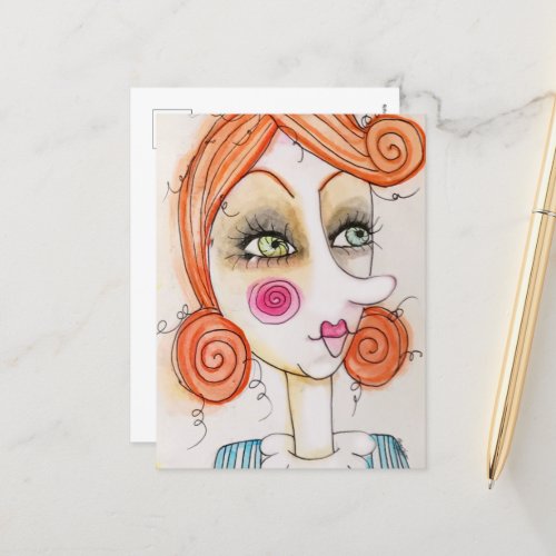 Girl Illustration Red Hair Cute Fun Whimsical Art Postcard