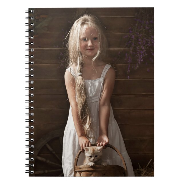 Girl in a Barn with a Kitten in a Basket Notebook (Front)