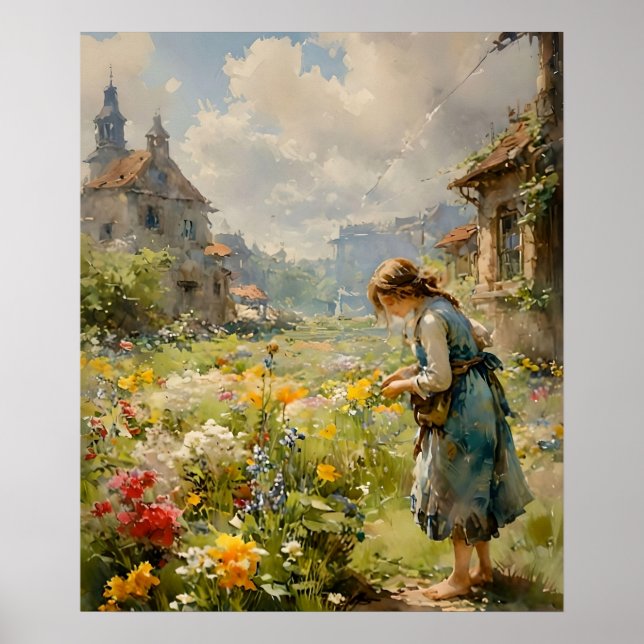 Girl in a Blooming Garden, Impressionist Style Poster (Front)