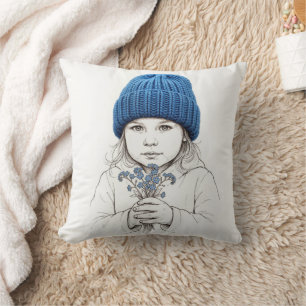 Girl In a Blue Knit Hat Throw Pillow