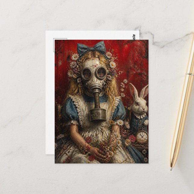 Girl in a Gas Mask With White Rabbit Postcard (Front/Back In Situ)