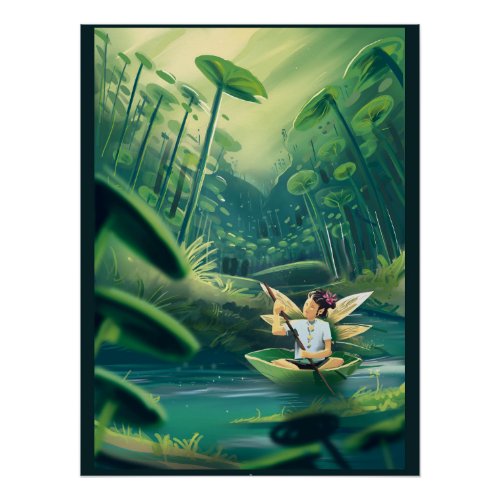 girl in a giant leaf on a magical forest poster