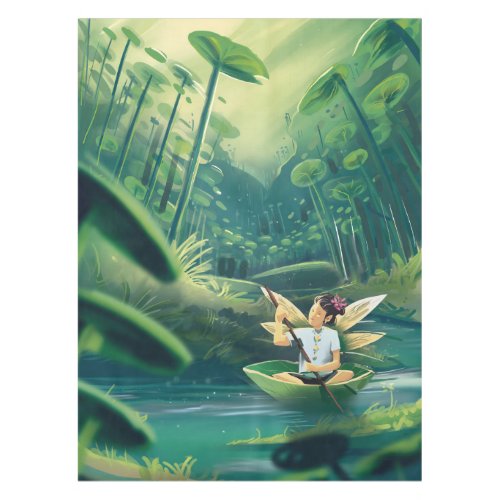 girl in a giant leaf on a magical forest tablecloth