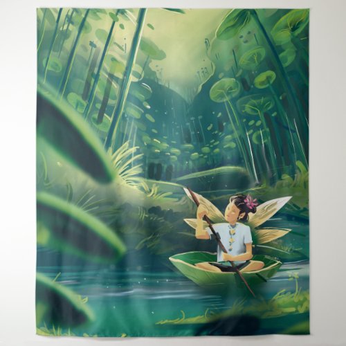 girl in a giant leaf on a magical forest tapestry