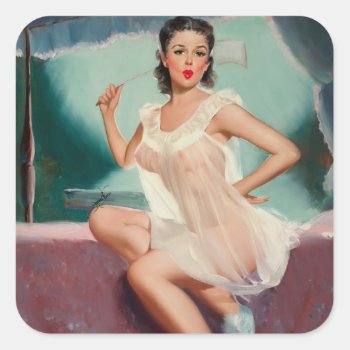 Girl In A Negligee Pin Up Art Square Sticker by Pin_Up_Art at Zazzle