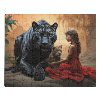 Girl in a red dress and tigers jigsaw puzzle