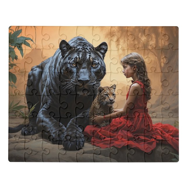 Girl in a red dress and tigers jigsaw puzzle (Puzzle Horizontal)