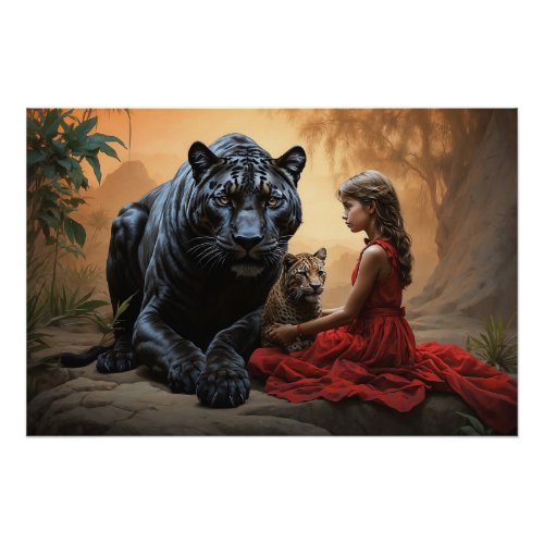 Girl in a red dress and tigers poster