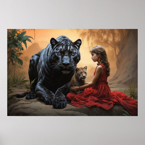 Girl in a red dress and tigers poster